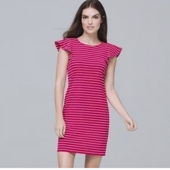 White House Black Market Flutter sleeve Pink Striped sheath Dress size small - Picture 2 of 11